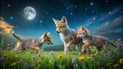 Fototapeta premium Playful Fox Cubs Frolicking in a Flower-Filled Meadow at Night