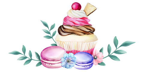 Sweet composition with cupcake, macaron and Flowers. Watercolor hand drawn illustration.
