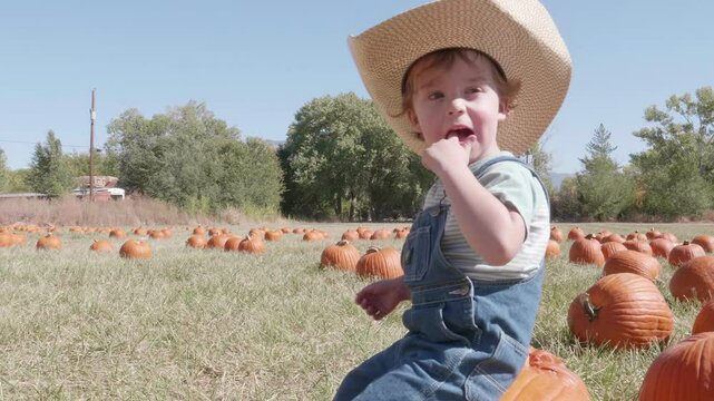Cute Farmer Boy at a Pumpkin Patch
