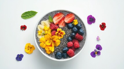 A vibrant smoothie bowl featuring fresh tropical fruits, chia seeds, and colorful edible flowers, styled for marketing campaigns