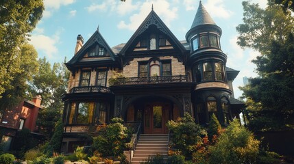 Obraz premium Victorian mansion, urban neighborhood, sunny day, landscaping, real estate