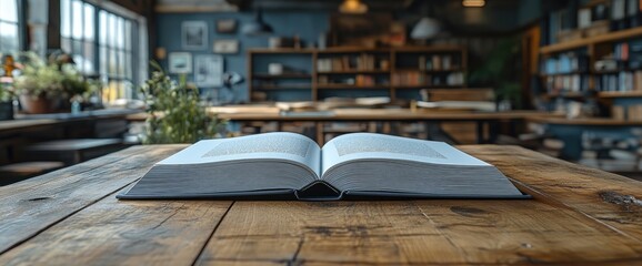 Open Book on Wooden Table, Library