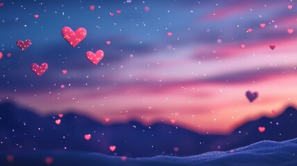 Fototapeta premium Romantic Pink Hearts Falling on Snowy Mountain Sunset