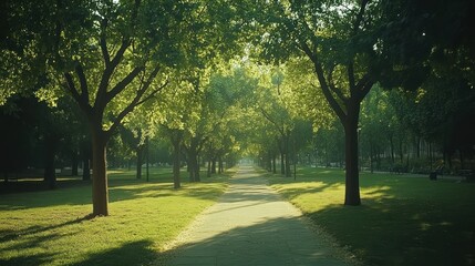 Obraz premium Sunlit park path, trees, morning mist, peaceful scene, nature