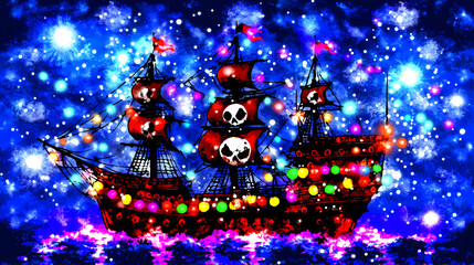 Pirate ship adventure underwater scene digital art colorful fantasy nighttime whimsical illumination