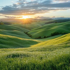 Naklejka premium Tuscan sunset over rolling green hills, idyllic landscape, peaceful rural scene