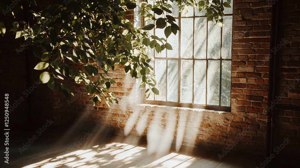 Poster sunlight streams through industrial window with leaves