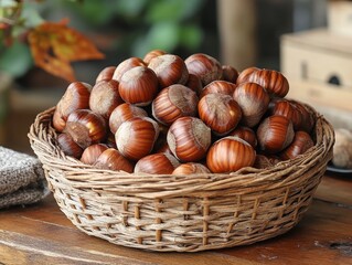 A Rustic Harvest: Hazelnuts Overflowing in a Woven Basket, Displayed on a Weathered Wooden Table, Evoking Autumnal Abundance and Natural Goodness
