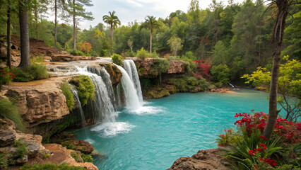 Naklejka premium waterfall in the forest , waterfall in the jungle , waterfall in plitvice national park , crystal clear waterfall