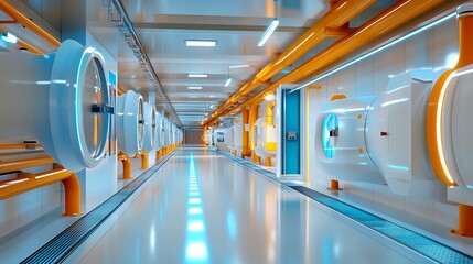 Obraz premium Futuristic Sci-Fi Corridor, Orange Pipes - Futuristic/Sci-Fi design