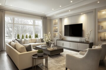 Fototapeta premium Elegant Living Room Interior Design with Modern Furniture and Large Windows