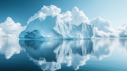 Fototapeta premium Majestic iceberg floats in Arctic ocean; clouds reflect in calm water; climate change imagery