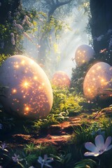 Enchanting Easter Landscape with Glowing Eggs, Magical Flowers, and Sparkling Wonders