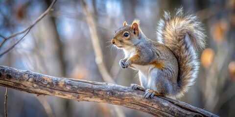 Fototapeta premium Squirrel Sitting on Branch in a Forest with Soft Morning Light