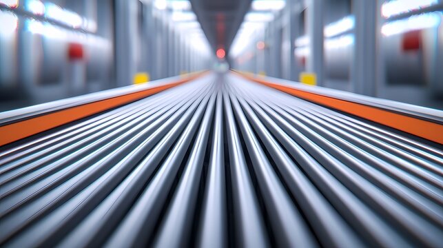 A close-up view of parallel metallic bars stretching into the distance, featuring an orange accent, set in a modern industrial environment.