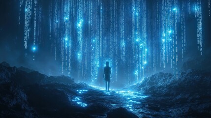 Obraz premium Woman walking towards digital rain in dark, rocky landscape; futuristic concept art