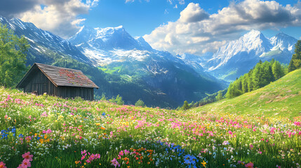 Fototapeta premium Idyllic Alpine Meadow with Rustic Cabin and Majestic Mountain Range