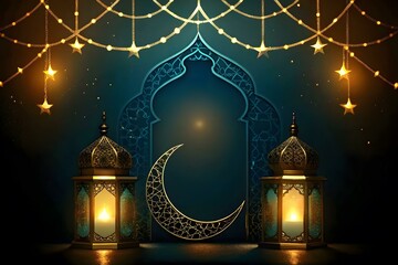 Fototapeta premium Ramadan Kareem Festive Celebration with Golden Lanterns and Crescent Moon