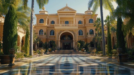Mediterranean mansion entrance, sunny day, palm trees, reflecting pool, luxury real estate