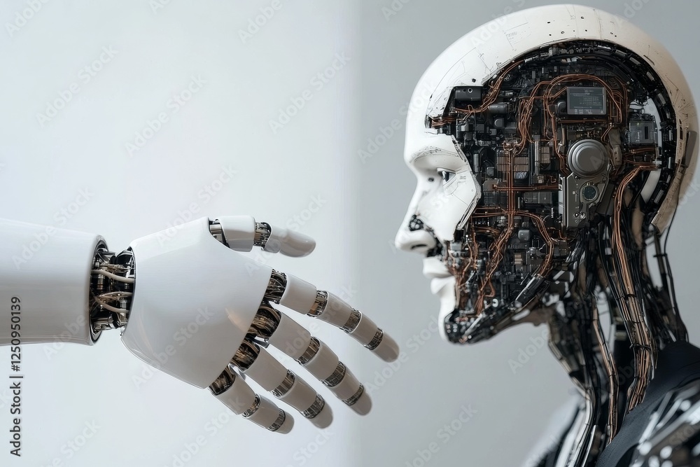 Poster interaction between human-like robot and machine in futuristic setting enhances understanding of tec