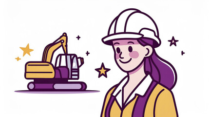 vector illustration construction worker woman wearing PPEs, machinery in the background., construction site. hard hat, safety glasses, safety boots. Personal protection equipment. architect, engineer