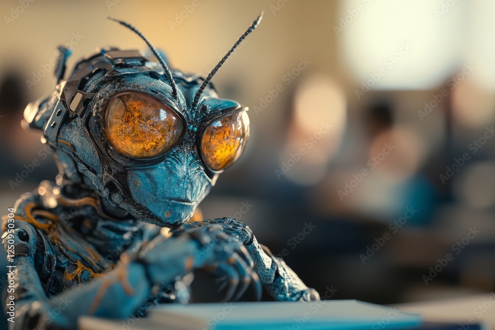 Poster robot insect character seated in a modern classroom setting engaged in learning activity during dayl