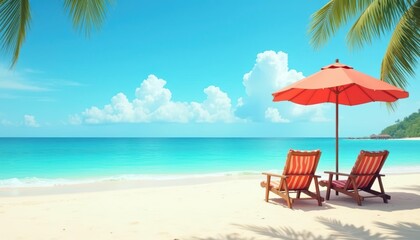 Fototapeta premium Tropical Beach Scene With Two Wooden Lounge Chairs Beneath A Bright Red Umbrella Against A Crystal Clear Blue Ocean Horizon Ocean View. Beach Scene, Tropical Vacation, Sunny Day.