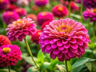 Close-up pink zinnia blooms, softly focused garden photography showcasing vibrant color and delicate details.
