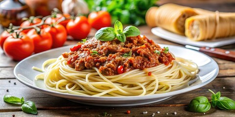 Close-up of vintage spaghetti bolognese, a delicious Italian pasta dish.
