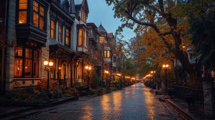 Obraz premium Autumn evening, city street, illuminated houses, wet cobblestones, fall leaves, travel brochure