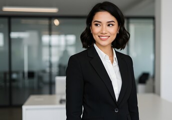 Confident smiling young professional business woman ceo corporate leader, female lawyer or manager executive wearing suit standing in office, looking away, portrait. Generative AI