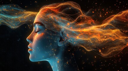 Woman, energy, flowing, cosmic, dark, spiritual, serenity, profile, artwork, background
