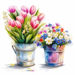 Obraz premium Pink Tulips and Colorful Wildflowers in Rustic Metal Buckets Watercolor Painting