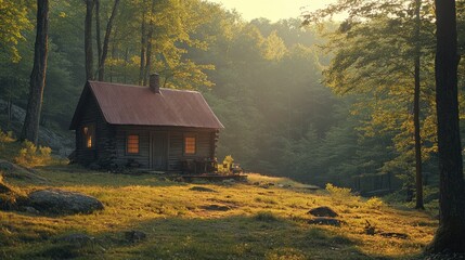 Sunrise illuminates rustic log cabin nestled in tranquil forest