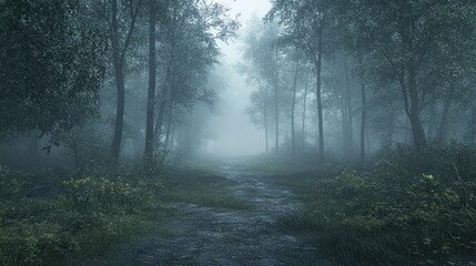 Obraz premium Foggy forest path, mystical mood, nature background, game asset