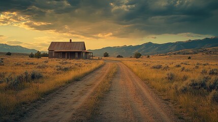 Rustic farmhouse sunset, rural road, mountain backdrop, western landscape, travel