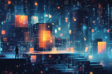 Fototapeta premium Man observes futuristic cityscape data stream, digital transformation