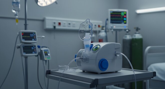 A close-up view of medical equipment in a hospital room, including a nebulizer machine, vital signs monitors, and oxygen tanks.