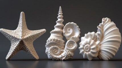 Obraz premium 3D rendered seashells and starfish, beige, isolated on dark background.