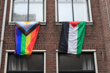 Amsterdam Zeedijk Brick House Facade Detail with Solidarity Flags