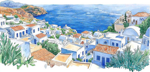 Watercolor_vista_of_a_seaside_village_with_white_buildings,_lush_greenery,_and_a_distant_blue_sea.