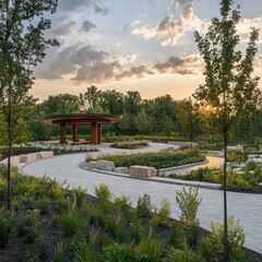 Sunset park pavilion, winding path, tranquil garden, landscape design, meditation