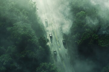 Obraz premium Misty Forest Road with Cars: Aerial View
