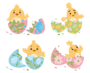 Vector cute Easter set of yellow chickens in a shell for poster, websites, card, scrapbooking, stickers isolated on white background