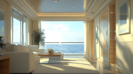 Fototapeta premium Luxurious ocean view living room with sunlight.