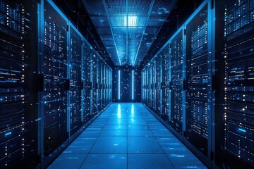 Fototapeta premium Blue-lit server room; data center aisle, network activity, digital future