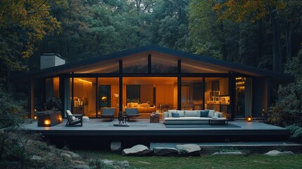 Obraz premium Modern house, dusk, forest, illuminated interior, serene patio