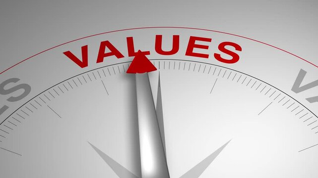 Values text or word with a gauge arrow on a compass, representing guidance and direction on a clean white background. Ideal for business, coaching, consulting, and self-improvement concept