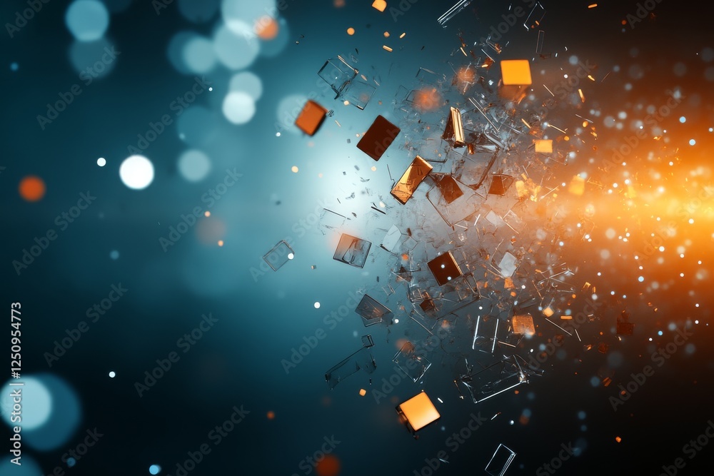 Poster Dynamic explosion of geometric shapes creating a mesmerizing visual effect in a vibrant gradient background