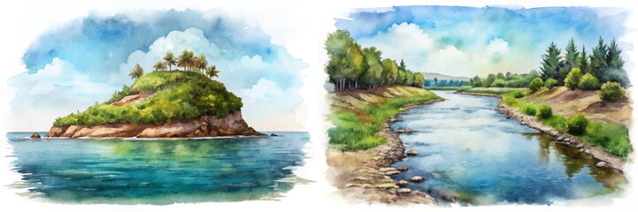 Obraz premium Tropical island landscape, serene river scene, vibrant watercolor style, nature illustration, peaceful outdoor setting.